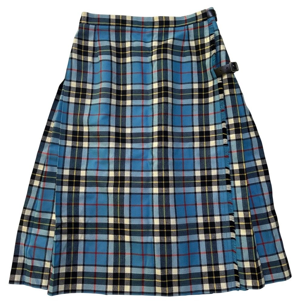 Scottish Blue Wool Hand Pleated tartan Kilt Midi Skirt 16 Preppy Dark Academia